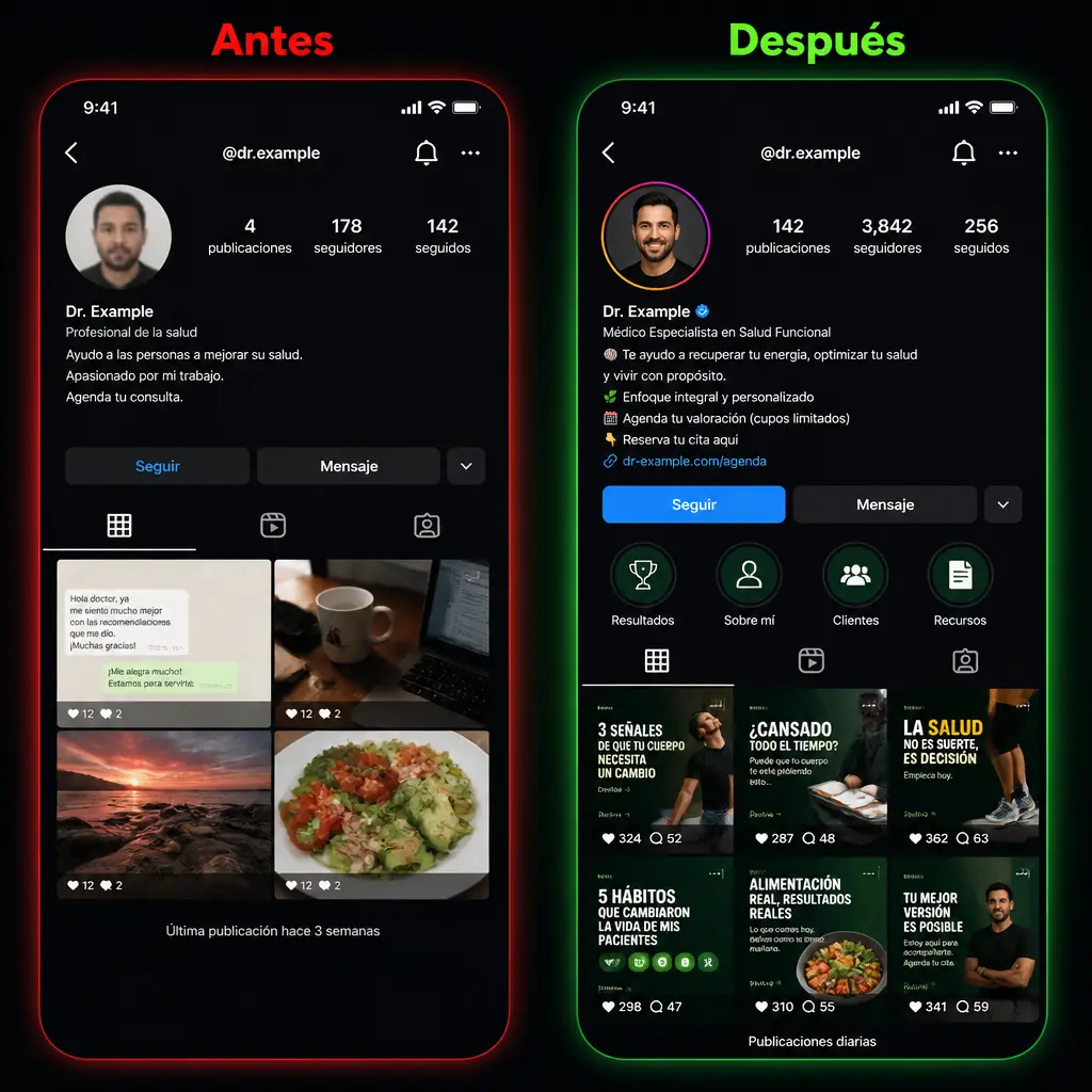 Antes vs después del sistema — perfil de Instagram